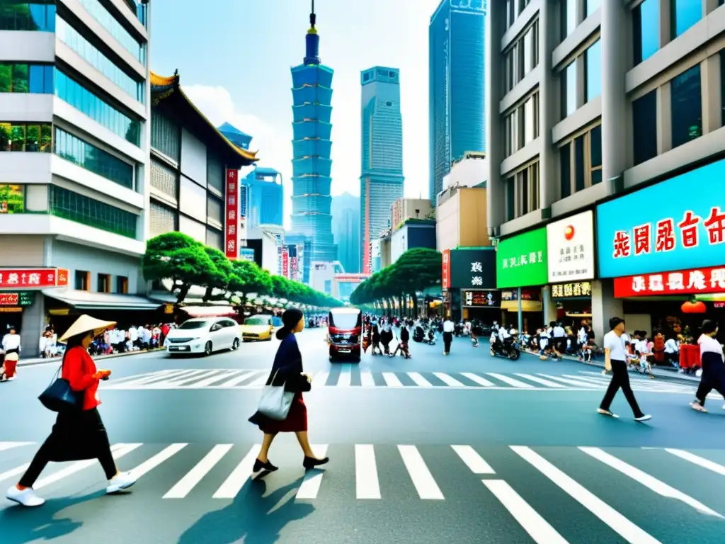 Vista de la bulliciosa calle de Taipei, Taiwan, con rascacielos modernos y templos tradicionales