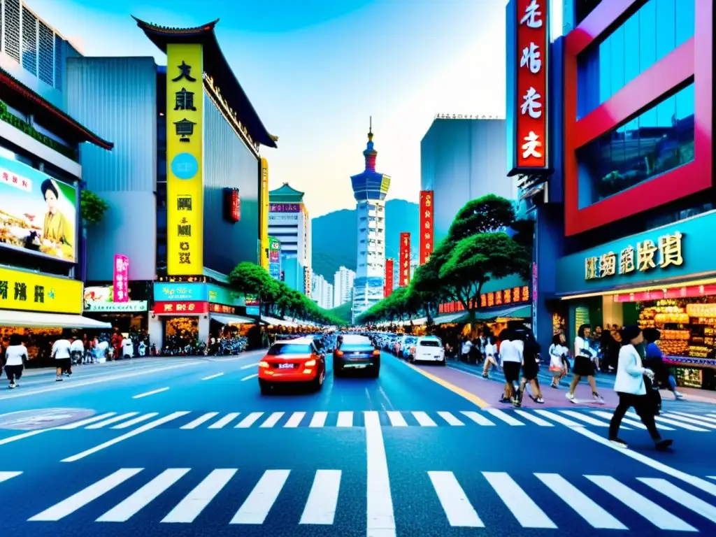 Vista de una bulliciosa calle en Taipei, Taiwán, con tiendas de moda y lugareños elegantes