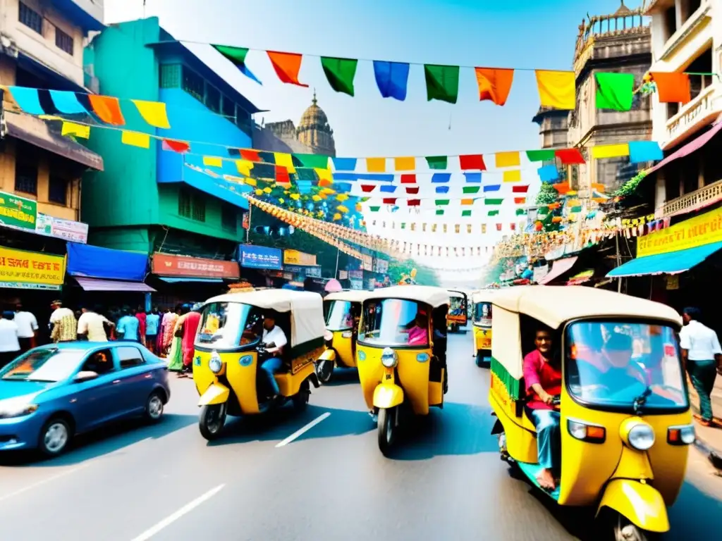 Vista de una bulliciosa calle en Mumbai, India, con tiendas coloridas y banderas decorativas