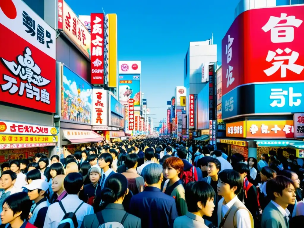 Vista bulliciosa de Akihabara, Tokio, con carteles de manga y anime, desafiando normas sociales