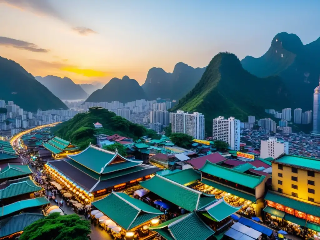 Vista de una bulliciosa ciudad asiática con rascacielos que reflejan el sol poniente y mercados coloridos