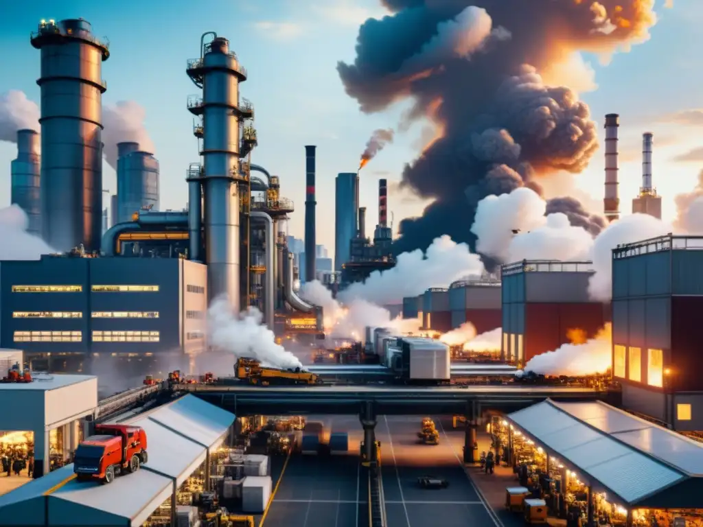 Vista de la bulliciosa ciudad industrial en Asia, con rascacielos y fábricas humeantes