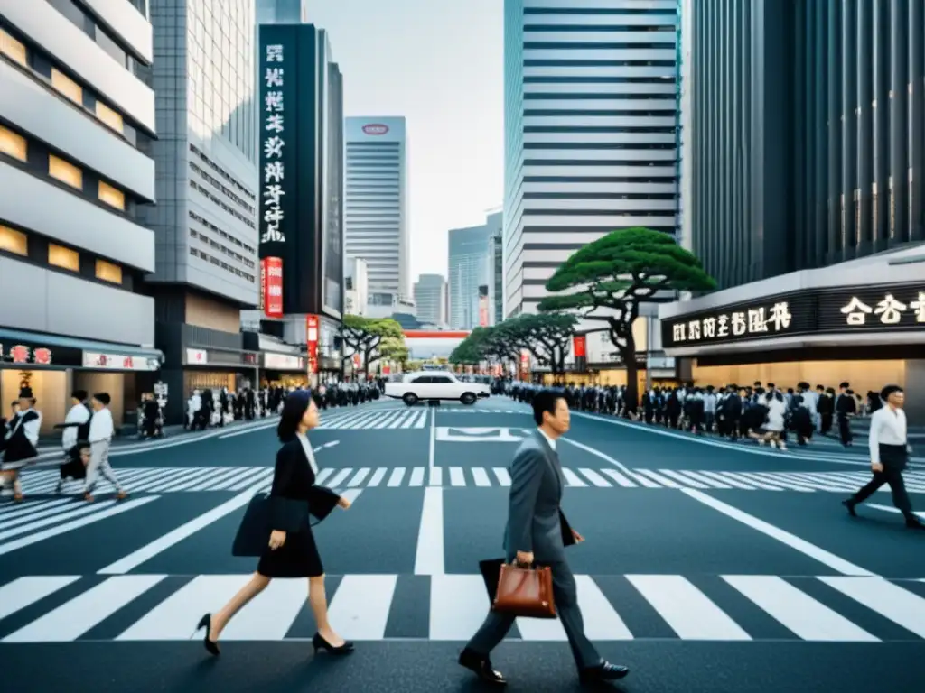 Vista de la bulliciosa ciudad de Tokio, con rascacielos y arquitectura tradicional, personas de negocios pasando por un templo sereno