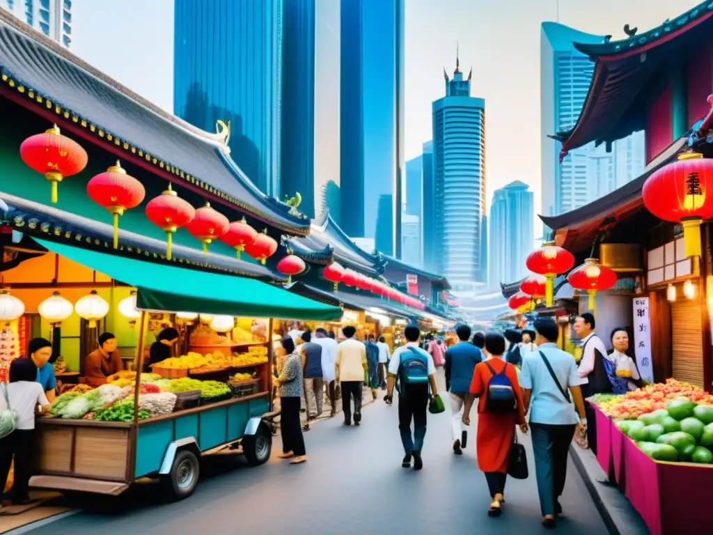 Vista de la bulliciosa vida urbana en una ciudad asiática, con la influencia de los asistentes de hogar inteligentes asiáticos en la cotidianidad