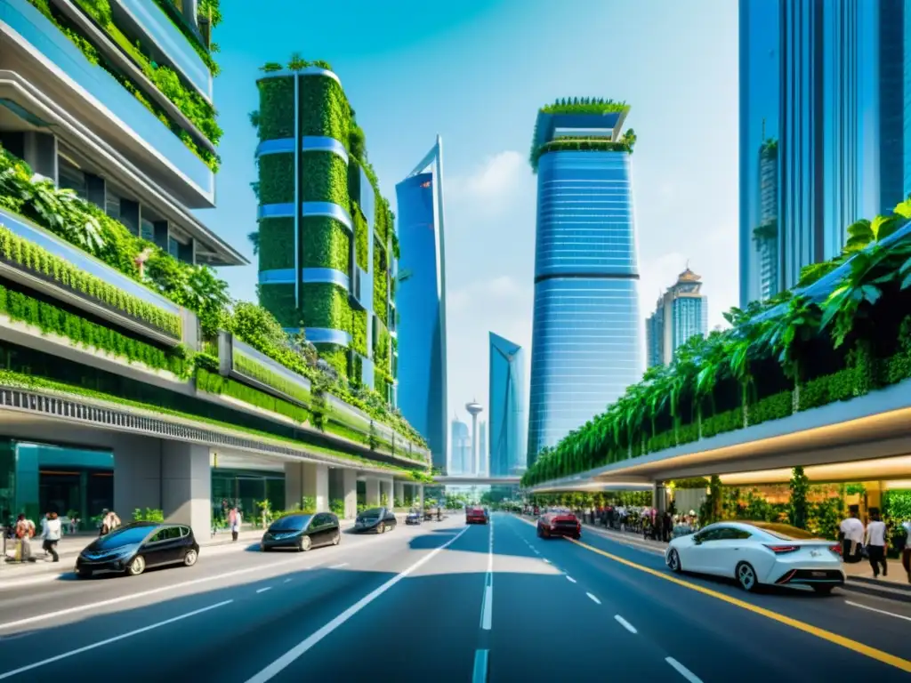 Vista de calle en Asia con edificaciones sostenibles, tecnología verde y vida urbana moderna