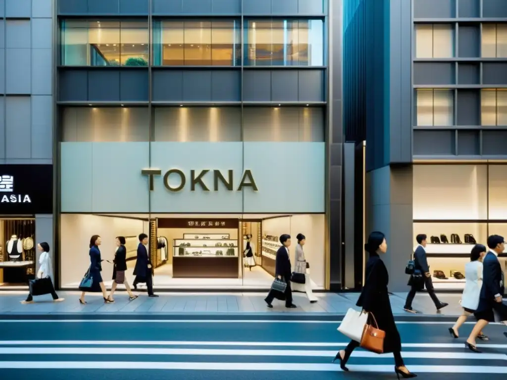 Vista de la calle en Ginza, Tokio, con marcas de moda de lujo en Asia y elegantes peatones disfrutando de las tiendas y la arquitectura sofisticada