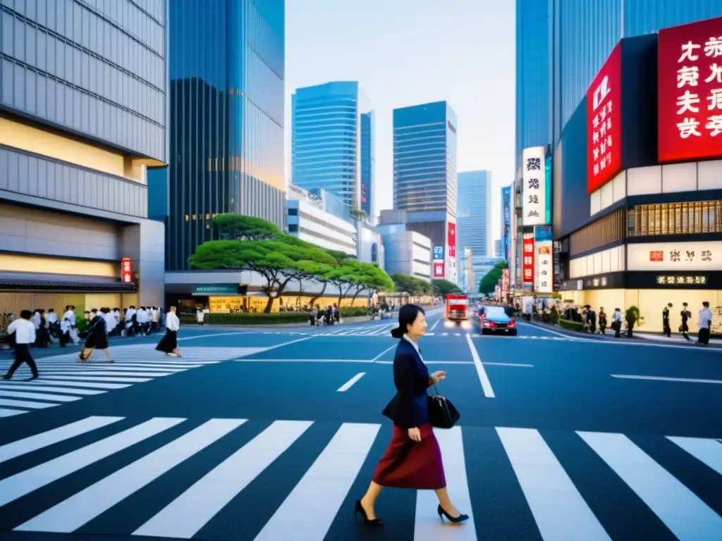 Vista de calle en Tokio, con mezcla de arquitectura tradicional y moderna, reflejando la ética del trabajo en Japón