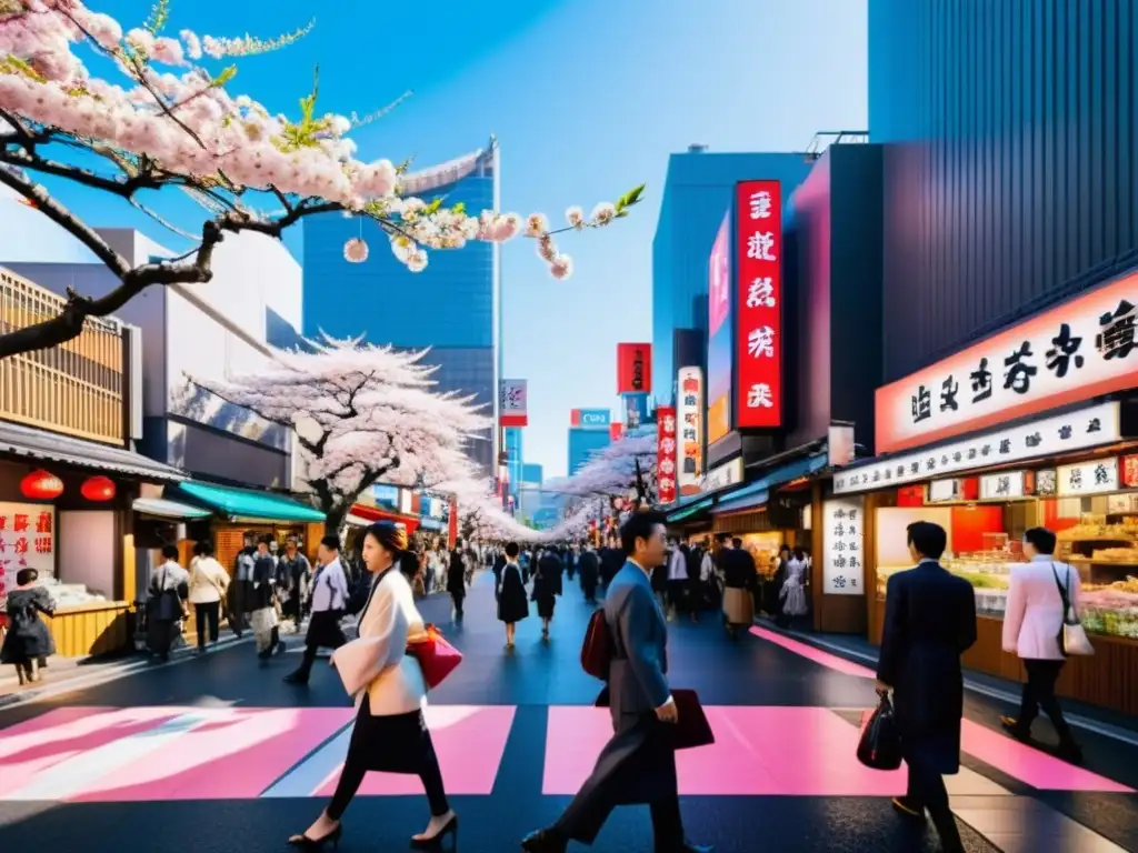 Vista callejera de Tokio con luces de neón, árboles de cerezo y una mezcla de arquitectura tradicional y moderna