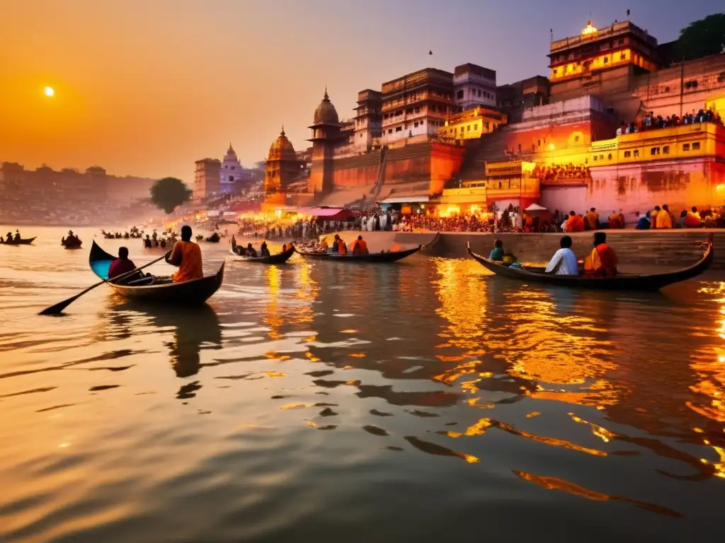 Vista cautivadora del río Ganges en Varanasi, con devotos hindúes y templos sagrados, representando el significado del Ganges en el hinduismo