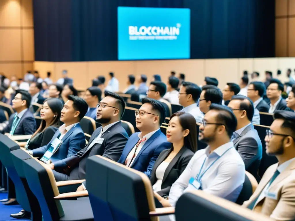 Vista cercana de conferencia sobre tecnología blockchain en Asia, con asistentes en trajes de negocios participando en discusiones y presentaciones