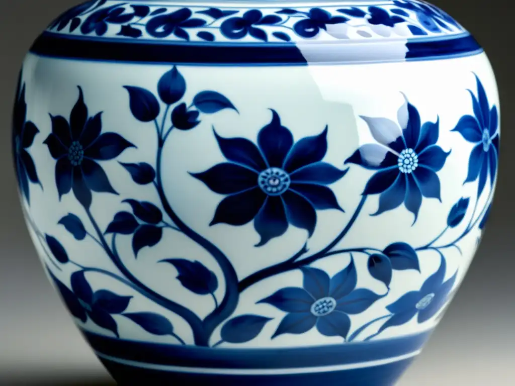 Una vista cercana de un delicado jarrón de porcelana pintado a mano de la dinastía Ming, con intrincados patrones florales en azul y blanco