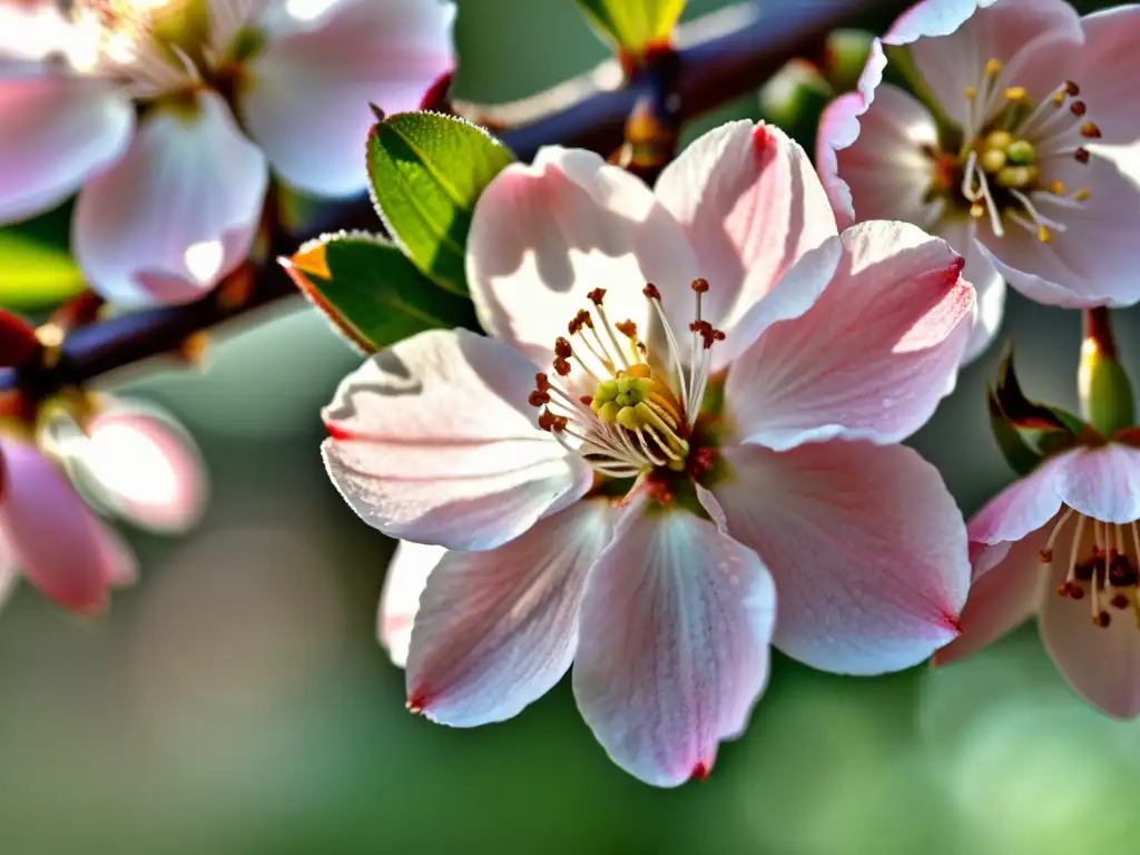 Una vista cercana impresionante de una delicada flor de cerezo, con luz suave de la mañana filtrándose a través de los pétalos rosados