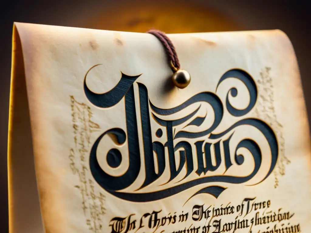 Una vista cercana de un pergamino antiguo con caligrafía occidental elaborada en tinta oscura, resaltando la artesanía