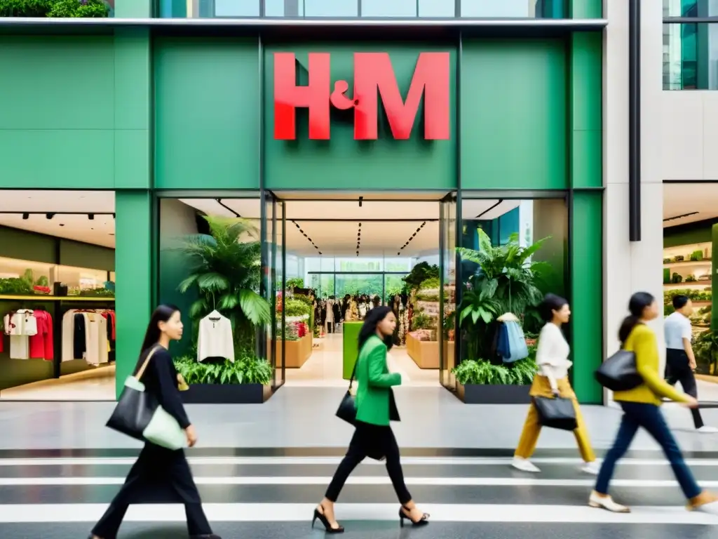 Vista de la ciudad asiática con tienda de H&M Conscious y marcas asiáticas sustentables de lujo