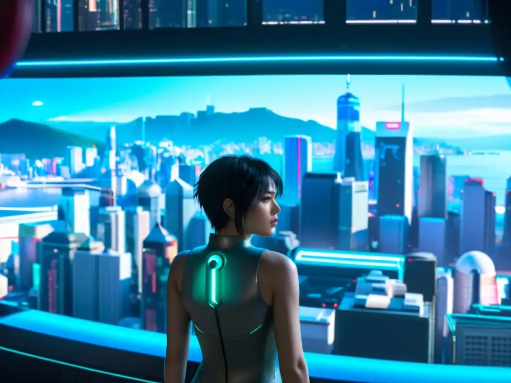 Vista de la ciudad futurista con luces de neón y estética cibernética, mostrando la influencia del anime en el cine occidental