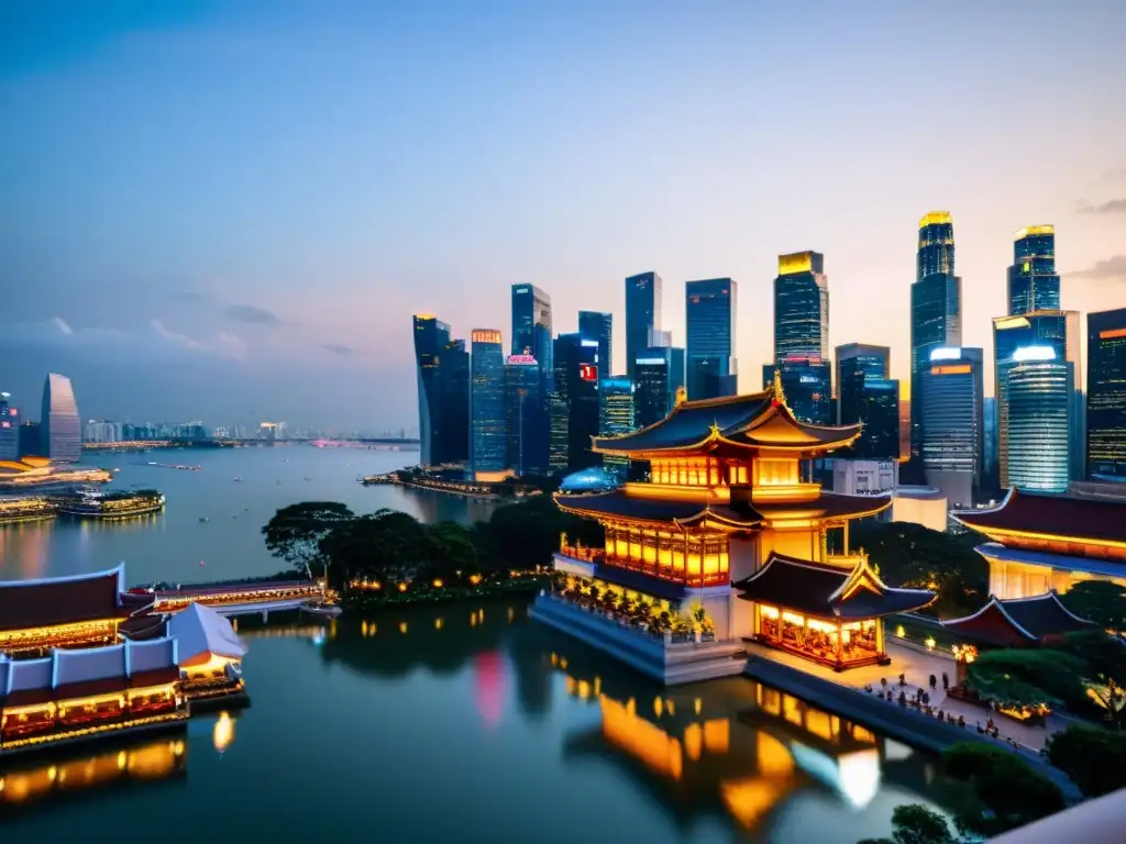 Vista de la ciudad de Singapur al anochecer con templos iluminados y rascacielos, simbolizando la espiritualidad en metrópolis asiáticas