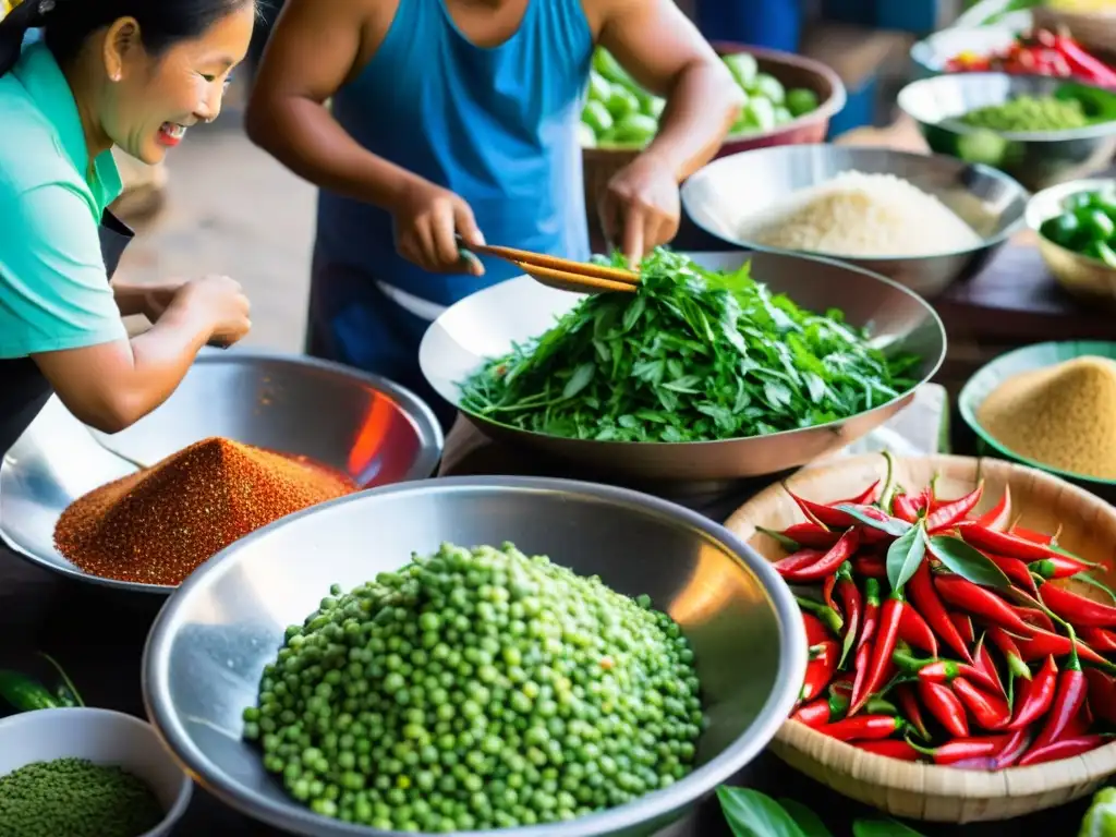 Vista colorida de un animado mercado de alimentos con sabores autóctonos de la gastronomía asiática en la península de Indochina