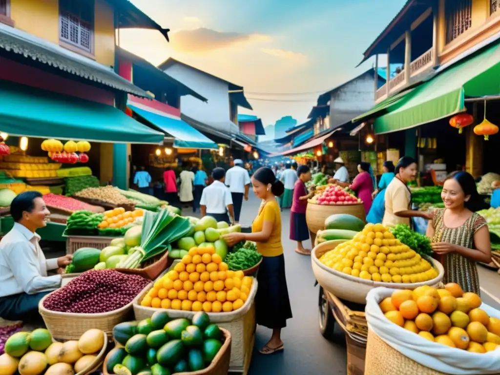 Vista colorida del bullicioso mercado en comunidad del sudeste asiático, con estructuras comunitarias y locales vendiendo frutas y artesanías