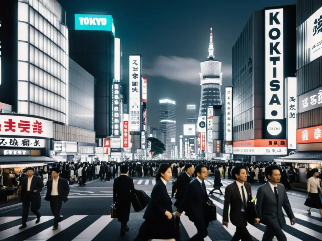 Tokyo nocturno: mezcla de tradición y modernidad Vista de una concurrida calle de Tokio, con arquitectura tradicional y rascacielos modernos