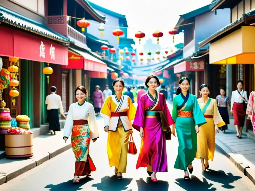 Vista de una concurrida calle de una ciudad asiática, con tiendas de ropa tradicional y colorida