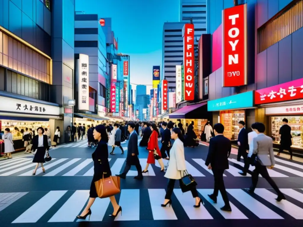 Vista de una concurrida calle en el distrito de moda de Tokio, con luces de neón vibrantes y boutiques de moda de lujo