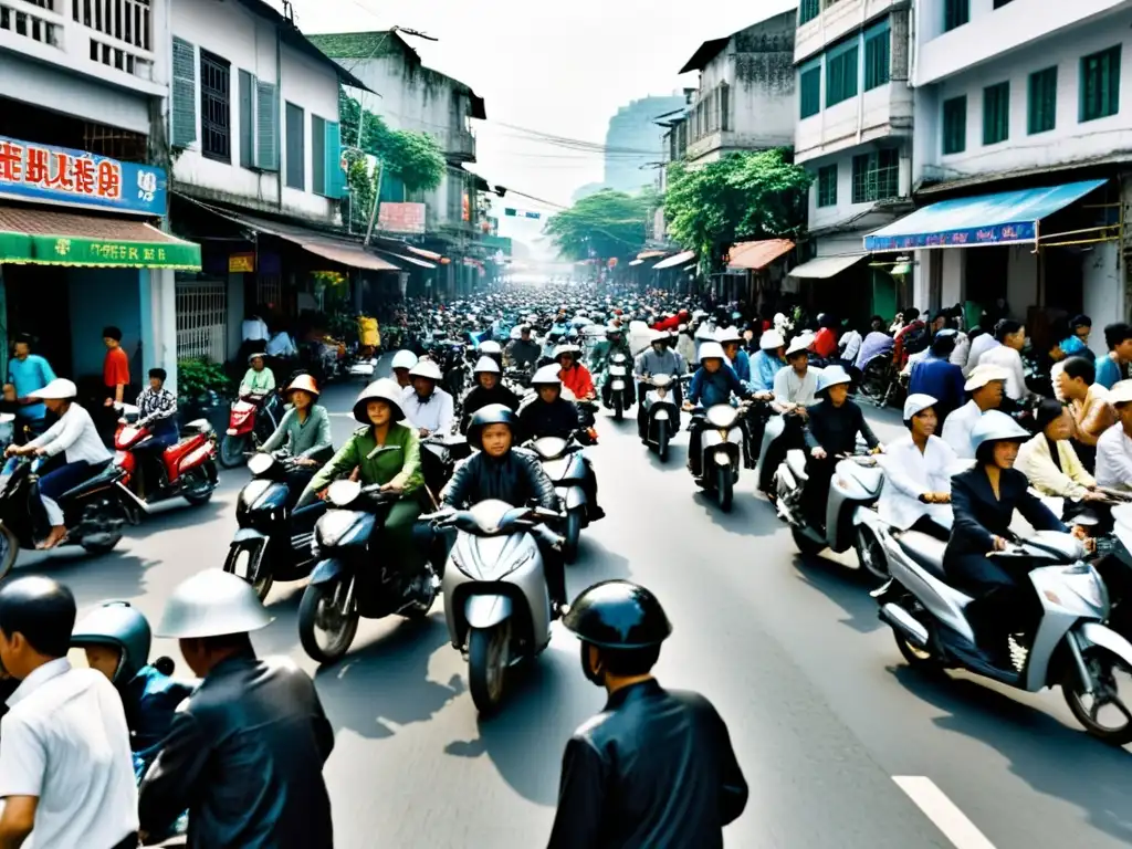 Vista de una concurrida calle vietnamita en blanco y negro, capturando la energía de la vida urbana