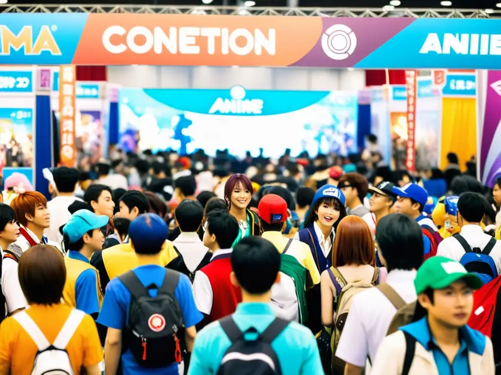 Vista de una concurrida convención de anime con cosplay y mercancía temática, reflejando el impacto del Anime y Manga en subculturas