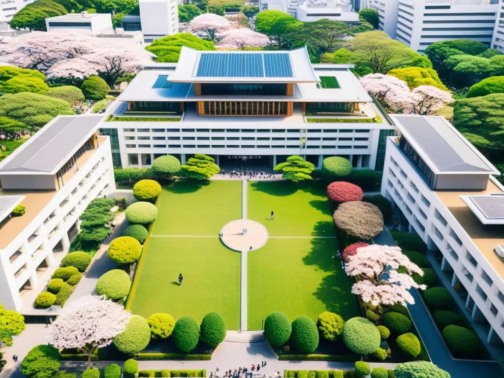 Vista detallada de un animado campus universitario en Tokio, Japón