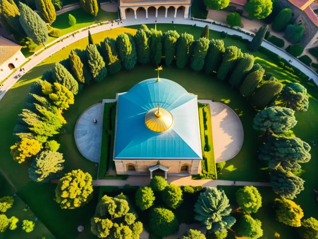 Vista detallada de la antigua ciudad de Konya en Turquía con el majestuoso mausoleo de Rumi y visitantes vistiendo atuendos turcos tradicionales