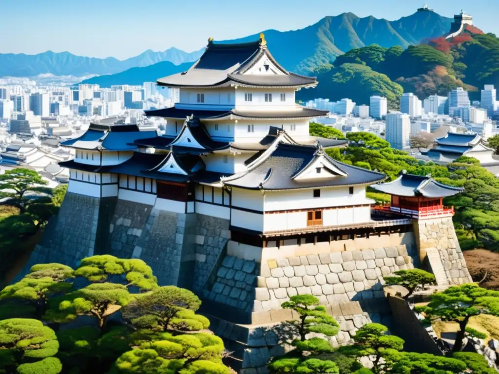 Himeji Castle: Majestuosa arquitectura japonesa en detalle Vista detallada del Castillo Himeji en Japón, con su arquitectura samurái, rodeado de naturaleza