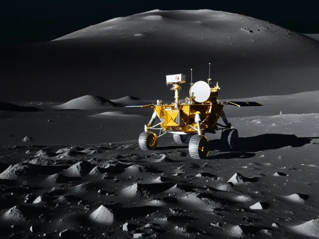 Vista detallada del aterrizador y rover Chang'e 4 en la luna, destacando los avances de la carrera espacial China