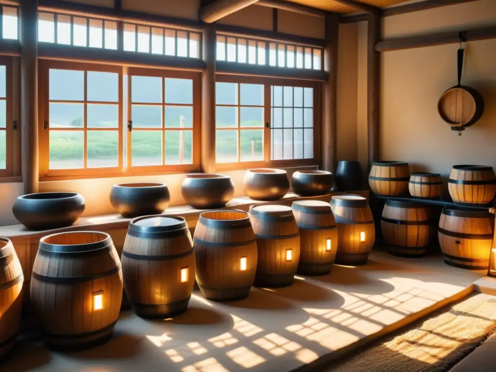 Vista detallada de una bodega tradicional coreana para hacer Makgeolli, con artesanos en hanbok y barriles de madera iluminados por luz cálida