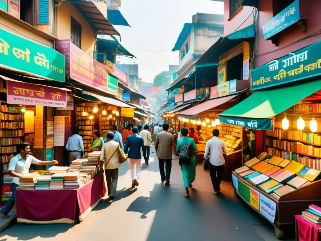 Vista detallada de una bulliciosa calle en la India con librerías vibrantes y personas disfrutando de la diversa cultura literaria de la India