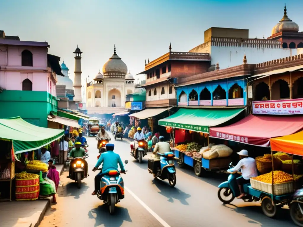 Vista detallada de una bulliciosa ciudad india, con edificios coloridos y rickshaws en calles concurridas