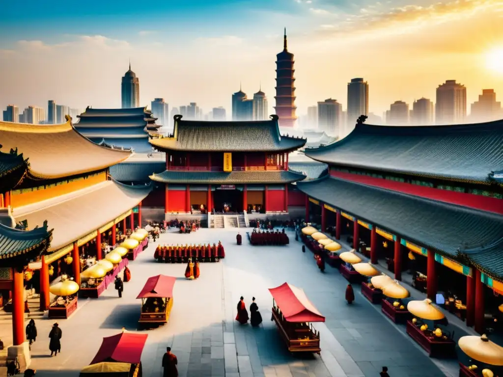 Vista detallada de la bulliciosa Chang'an durante la Dinastía Tang, con mercados coloridos y pagodas ornamentadas bajo la cálida luz del sol