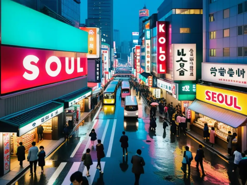 Vista detallada de las bulliciosas calles de Seúl, Corea del Sur, reflejando la crítica tecnología y la fusión de arquitectura tradicional y moderna