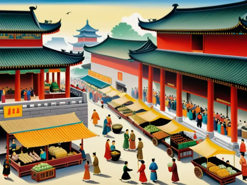 Mercado bullicioso en la antigua China Vista detallada de un bullicioso mercado en la antigua China, con colores vibrantes y expresiones faciales claras