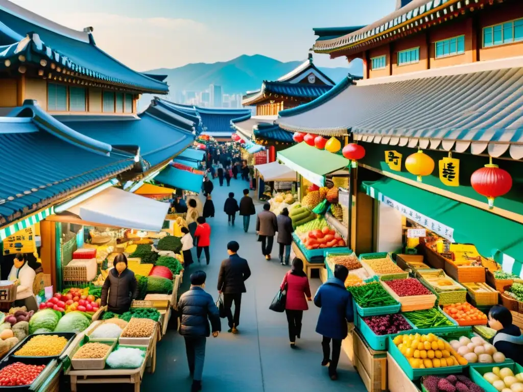 Vista detallada de un bullicioso mercado en Corea del Sur, con vendedores ofreciendo productos frescos, comida callejera y artesanías