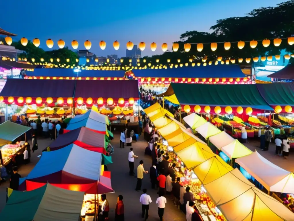 Vista detallada de un bullicioso mercado nocturno en Asia, con coloridos puestos de comida iluminados por faroles brillantes
