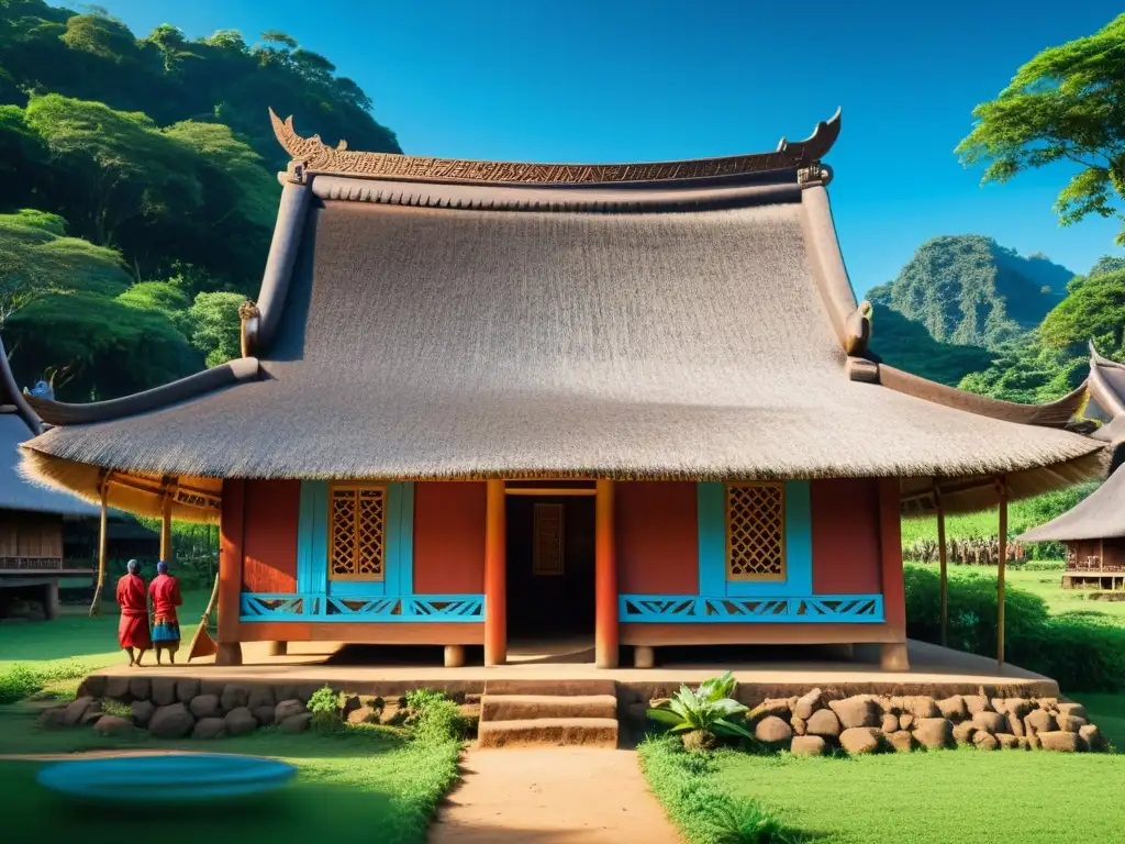 Vista detallada de una casa tribal asiática rodeada de vegetación exuberante y cielo azul