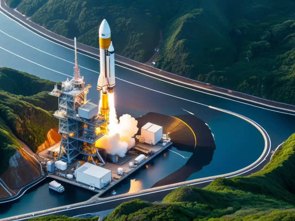 Vista detallada del centro espacial Tanegashima en Japón, preparando un cohete para una misión de exploración espacial en Asia