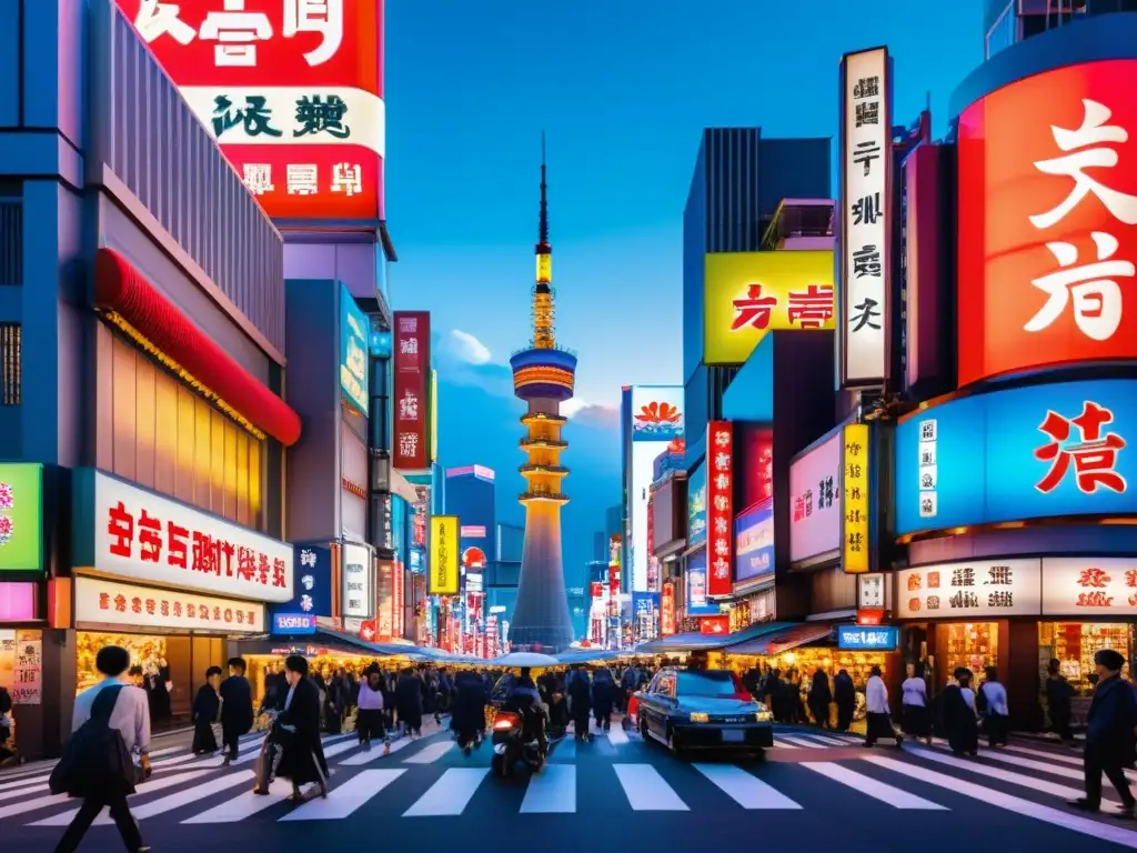 Vista detallada de una ciudad bulliciosa con arquitectura japonesa tradicional y rascacielos modernos