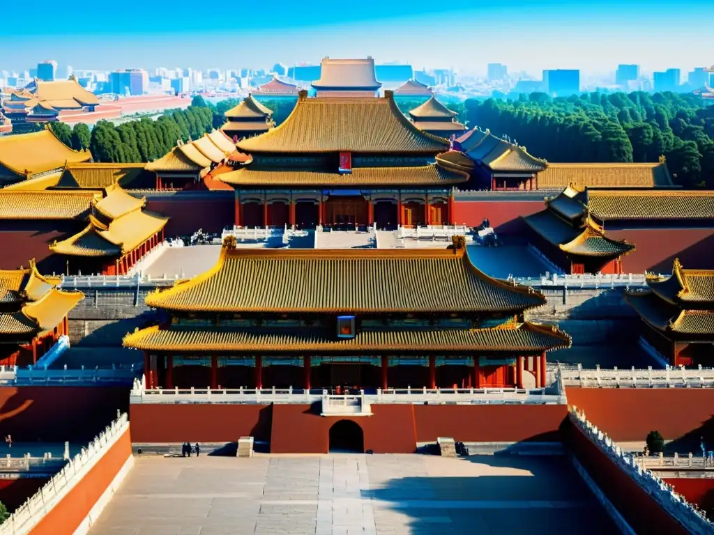 Vista detallada de la Ciudad Prohibida en Beijing, reflejando la influencia cultural de la dinastía Qing en su arquitectura y colores vibrantes