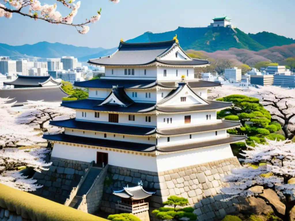 Vista detallada del complejo diseño del Castillo de Himeji, con estrategias defensivas en castillos japoneses y belleza natural primaveral