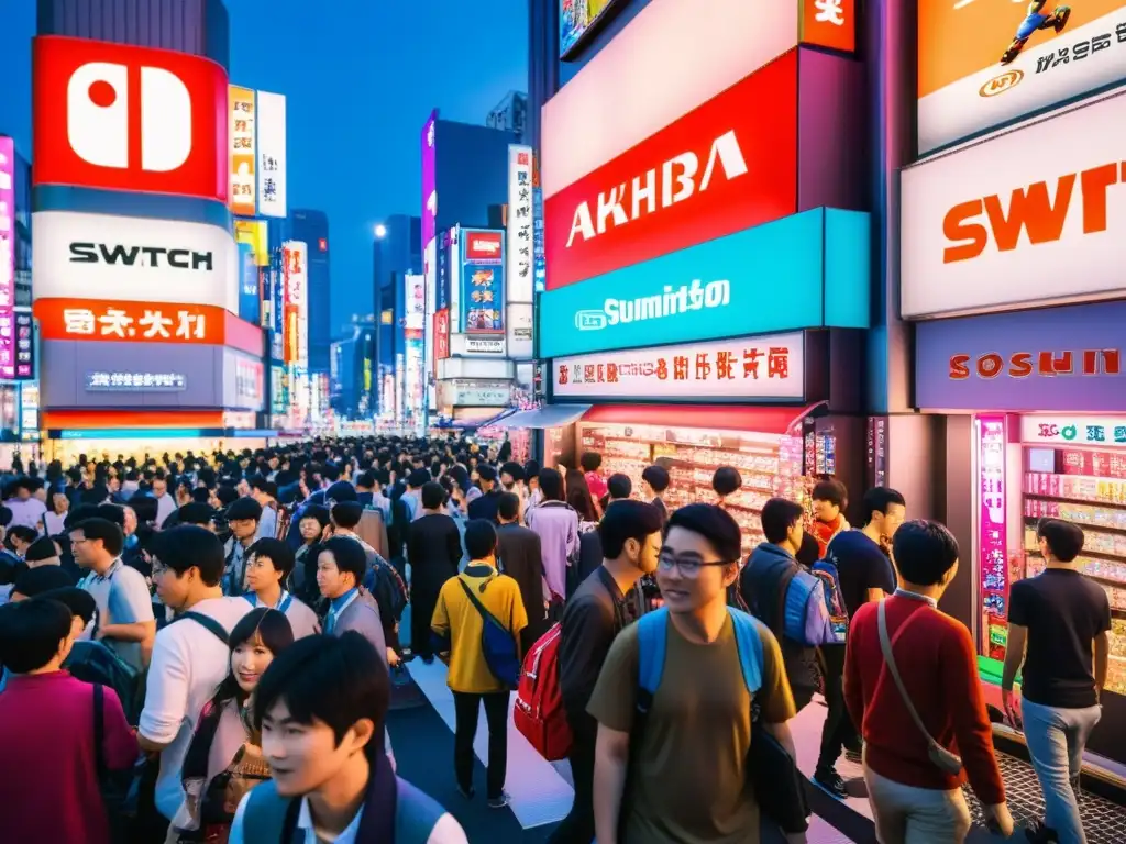 Vista detallada de Akihabara, Tokyo, con consolas exclusivas de videojuegos asiáticos y jugadores entusiastas bajo brillantes luces de neón