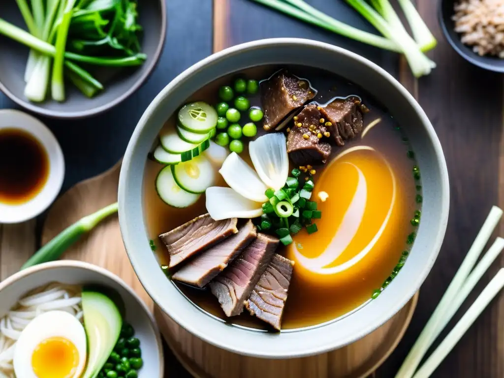 Una vista detallada de una deliciosa sopa de huesos de res coreana, con un caldo rico y lechoso, decorada con cebollas verdes y carne