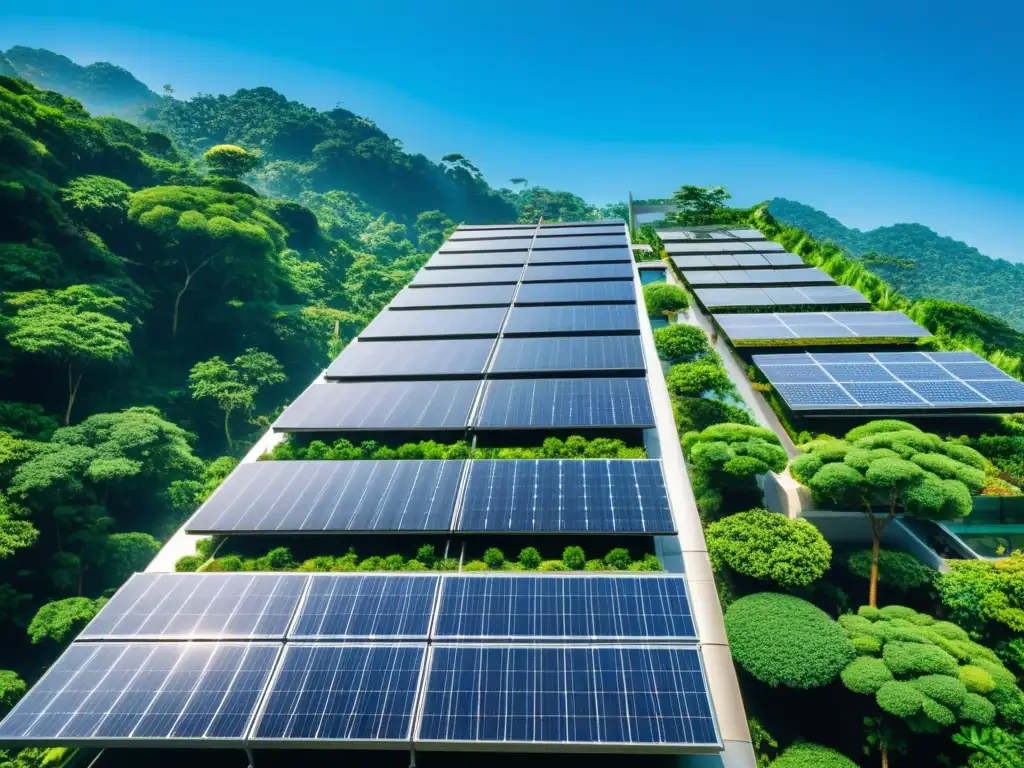 Vista detallada de un edificio inteligente sostenible en Asia, rodeado de naturaleza, destacando la armonía entre tecnología y naturaleza