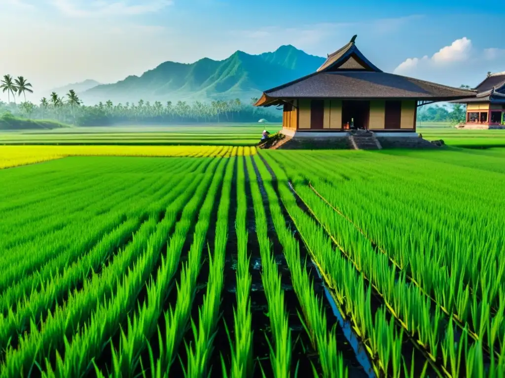 Vista detallada de una exuberante plantación de arroz en Asia, donde agricultores cuidan la cosecha bajo un cielo despejado