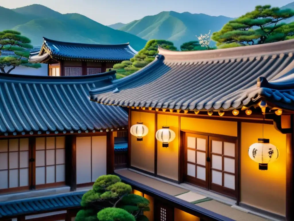 Vista detallada de un Hanok con arquitectura de madera, techos tradicionales y jardín sereno, un alojamiento único de historia coreana