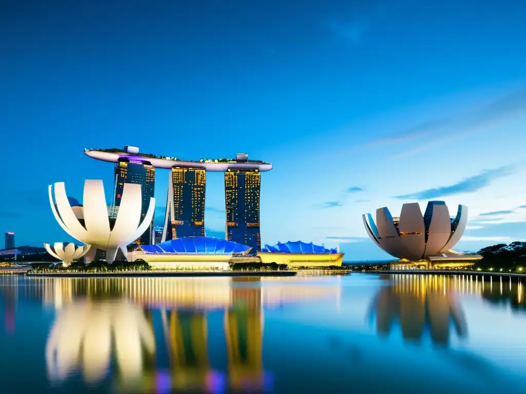 Vista detallada de Singapur al anochecer, con el icónico hotel Marina Bay Sands, las futuristas Supertree Grove y la transformación de Singapur a gigante tecnológico